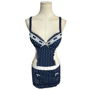RAMPAGE Blue White Chemise Polka Dot Bra French Maid Costume Sexy‎ Costume L M